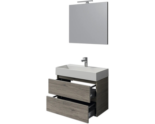 Badezimmermöbel-Set mit Waschbecken, Unterschrank mit offenen Schubladen und Spiegel mit Lampe