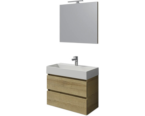 Set de meubles de salle de bains Pelipal Torino lxhxp 200 x 40 x 40 cm couleur de façade chêne riviera set de meubles 4 pièces avec vasque en céramique blanc et vasque en céramique meuble sous vasque miroir avec éclairage LED