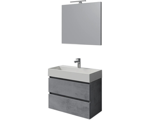 Set de meubles de salle de bains Pelipal Torino lxhxp 200 x 40 x 40 cm couleur de façade gris foncé oxydé set de meubles de salle de bains 4 pièces avec vasque en céramique blanc et vasque en céramique meuble sous vasque miroir avec éclairage LED