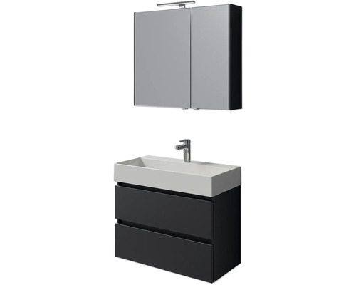 Badmöbel-Set Pelipal Torino BxHxT 200 x 40 x 40 cm Frontfarbe schwarz matt Badmöbelset 5-teilig und mehr mit Waschtisch Keramik weiß und Keramik-Waschtisch Waschtischunterschrank Spiegelschrank mit LED-Beleuchtung Badezimmerensemble mit Waschtischunterschrank, Waschbecken und Spiegelschrank