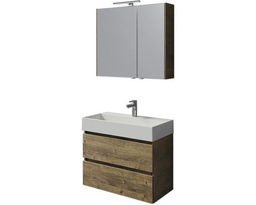 Set de meubles de salle de bains Pelipal Torino lxhxp 200 x 40 x 40 cm couleur de façade chêne ribbeck set de meubles 5 pièces avec vasque en céramique blanc et vasque en céramique meuble sous vasque armoire de toilette éclairage LED