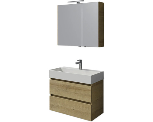 Set de meubles de salle de bains Pelipal Torino lxhxp 200 x 40 x 40 cm couleur de façade chêne riviera set de meubles 5 pièces avec vasque en céramique blanc et vasque en céramique meuble sous vasque armoire de toilette éclairage LED