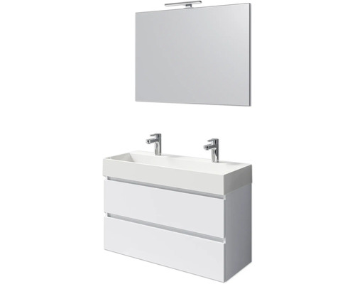 Badmöbelset 4-teilig Pelipal Torino BxHxT 101 x 200 x 40 cm Frontfarbe weiß hochglanz mit Waschtisch Keramik weiß und Keramik-Doppelwaschtisch Waschtischunterschrank Spiegel mit LED-Beleuchtung SET-125-025 Weißer Waschtisch mit zwei Schubladen, Aufsatzwaschbecken mit zwei Wasserhähnen und rechteckiger Spiegel mit Lampe