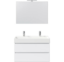 Waschtisch mit zwei Schubladen, Aufsatzbecken, zwei Armaturen und rechteckigem Spiegel mit Lampe