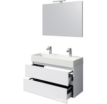 Modernes Badezimmer-Set mit Doppelwaschbecken, Unterschrank mit zwei Schubladen und Spiegel mit Beleuchtung