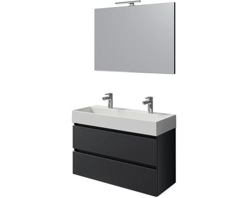 Set de meubles de salle de bains Pelipal Torino lxhxp 200 x 40 x 40 cm couleur de façade noir mat set de meubles 4 pièces avec vasque en céramique blanc et double vasque en céramique meuble sous vasque miroir avec éclairage LED
