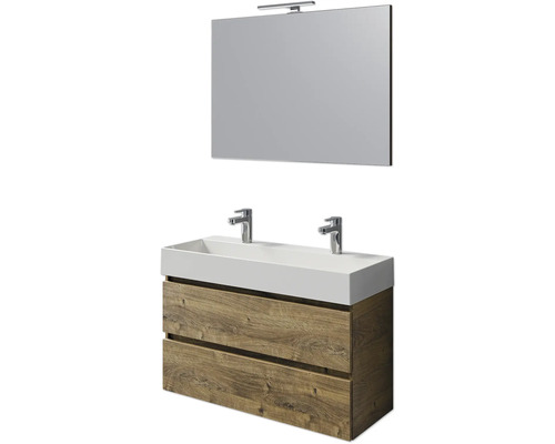 Set meubles SDB 4 pces Pelipal Torino lxhxp 101 x 200 x 40 cm couleur de façade chêne ribbeck avec vasque céramique blanche et vasque double céramique meuble sous vasque miroir avec éclairage LED SET-125-027 Meuble-lavabo avec deux tiroirs, lavabo à poser et miroir avec lampe