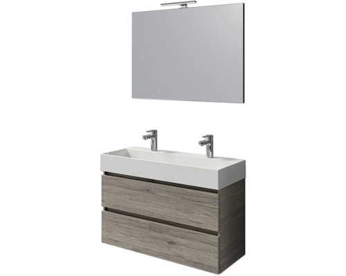 Set meubles SDB 4 pces Pelipal Torino lxhxp 101 x 200 x 40 cm couleur de façade chêne sanremo avec vasque céramique blanche et vasque double céramique meuble sous vasque miroir avec éclairage LED SET-125-028 Ensemble de meuble-lavabo avec miroir et éclairage