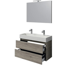 Badezimmerset mit Doppelwaschbecken, Unterschrank mit zwei Schubladen und Spiegel mit Lampe