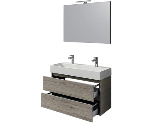 Badezimmerset mit Doppelwaschbecken, Unterschrank mit zwei Schubladen und Spiegel mit Lampe