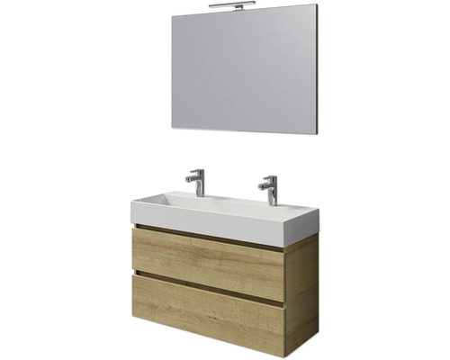 Set meubles SDB 4 pces Pelipal Torino lxhxp 101 x 200 x 40 cm couleur de façade chêne riviera avec vasque céramique blanche et vasque double céramique meuble sous vasque miroir avec éclairage LED SET-125-029 Meuble-lavabo double avec meuble sous-vasque et miroir avec éclairage pour la salle de bains