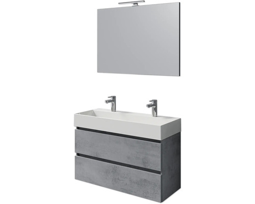 Set de meubles de salle de bains Pelipal Torino lxhxp 200 x 40 x 40 cm couleur de façade gris foncé oxydé set de meubles de salle de bains 4 pièces avec vasque en céramique blanc et double vasque en céramique meuble sous vasque miroir avec éclairage LED