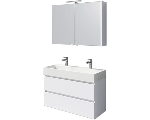 Set de meubles de salle de bains Pelipal Torino lxhxp 200 x 40 x 40 cm couleur de façade blanc haute brillance set de meubles 5 pièces avec vasque en céramique blanc et double vasque en céramique meuble sous vasque armoire de toilette éclairage LED