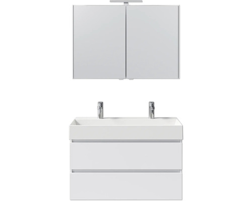 Badezimmerset mit Doppelwaschbecken, Unterschrank und Spiegelschrank