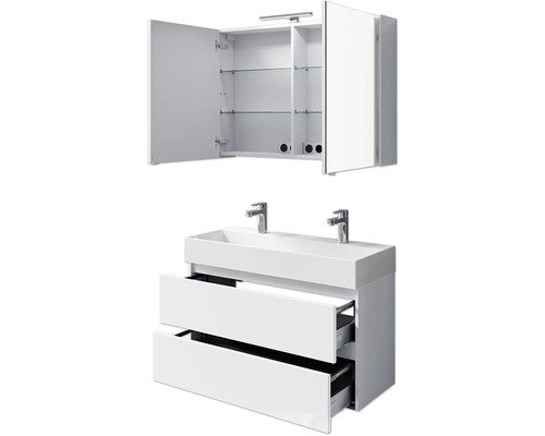 Badezimmerset mit Spiegelschrank, Waschbecken und Unterschrank mit zwei Schubladen