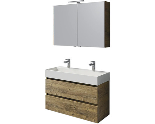 Set meubles SDB 5 pces Pelipal Torino lxhxp 101 x 200 x 40 cm couleur de façade chêne ribbeck avec vasque céramique blanche et vasque double céramique meuble sous vasque armoire de toilette avec éclairage LED SET-125-033 Meuble-lavabo avec meuble sous-vasque et armoire de toilette pour la salle de bains