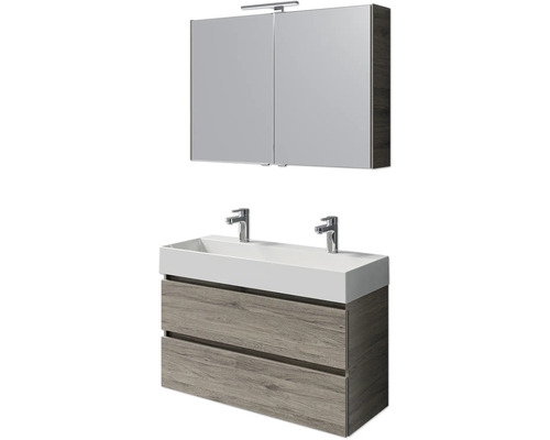 Set de meubles de salle de bains Pelipal Torino lxhxp 200 x 40 x 40 cm couleur de façade chêne sanremo set de meubles 5 pièces avec vasque en céramique blanc et double vasque en céramique meuble sous vasque armoire de toilette éclairage LED