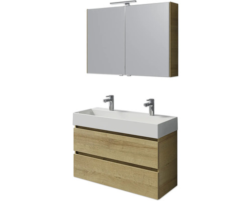 Set de meubles de salle de bains Pelipal Torino lxhxp 200 x 40 x 40 cm couleur de façade chêne riviera set de meubles 5 pièces avec vasque en céramique blanc et double vasque en céramique meuble sous vasque armoire de toilette éclairage LED