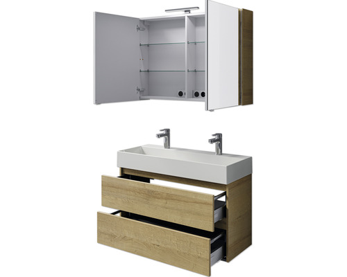 Badezimmermöbel-Set mit Waschtisch, zwei Schubladen, zwei Waschbecken und Spiegelschrank mit offenen Türen und Glasablagen