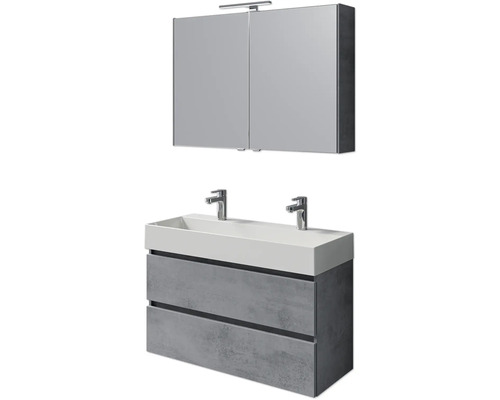 Set meubles SDB 5 pces Pelipal Torino lxhxp 101 x 200 x 40 cm couleur de façade oxyde gris foncé avec vasque céramique blanche et vasque double céramique meuble sous vasque armoire de toilette avec éclairage LED SET-125-036 Ensemble de meubles de salle de bains avec meuble sous-lavabo, lavabo et armoire de toilette