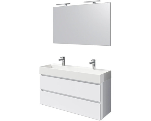 Badmöbelset 4-teilig Pelipal Torino BxHxT 121 x 200 x 40 cm Frontfarbe weiß hochglanz mit Waschtisch Keramik weiß und Keramik-Doppelwaschtisch Waschtischunterschrank Spiegel mit LED-Beleuchtung SET-125-043 Waschtisch mit zwei Schubladen, zwei Armaturen und Spiegel mit zwei Lampen