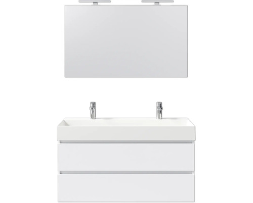 Meuble-lavabo avec meuble bas, miroir et deux robinets