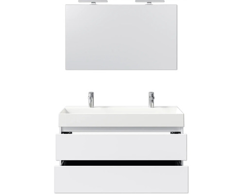 Meuble-lavabo avec deux lavabos, robinets et miroir