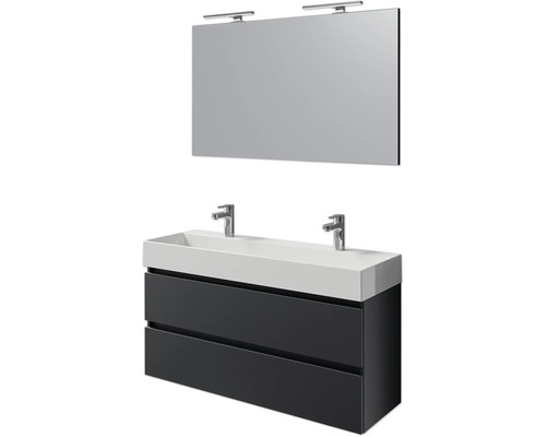 Set meubles SDB 4 pces Pelipal Torino lxhxp 121 x 200 x 40 cm couleur de façade noir mat avec vasque céramique blanche et vasque double céramique meuble sous vasque miroir avec éclairage LED SET-125-044 Meuble-lavabo avec deux tiroirs, vasque à poser, miroir et deux lampes pour la salle de bains