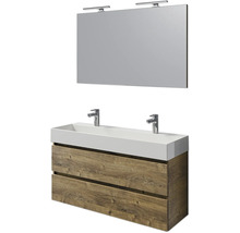 Badezimmerset mit Waschbeckenunterschrank, Doppelwaschbecken, Spiegel und zwei Lampen