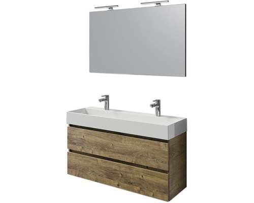 Set meubles SDB 4 pces Pelipal Torino lxhxp 121 x 200 x 40 cm couleur de façade chêne ribbeck avec vasque céramique blanche et vasque double céramique meuble sous vasque miroir avec éclairage LED SET-125-045 Ensemble de salle de bains avec meuble sous-vasque, double vasque, miroir et deux lampes