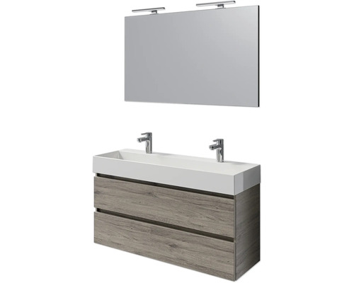 Set de meubles de salle de bains Pelipal Torino lxhxp 200 x 40 x 40 cm couleur de façade chêne sanremo set de meubles 4 pièces avec vasque en céramique blanc et double vasque en céramique meuble sous vasque miroir avec éclairage LED