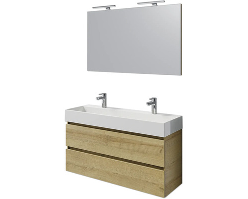 Set meubles SDB 4 pces Pelipal Torino lxhxp 121 x 200 x 40 cm couleur de façade chêne riviera avec vasque céramique blanche et vasque double céramique meuble sous vasque miroir avec éclairage LED SET-125-047 Meuble-lavabo avec deux tiroirs, vasque à poser, miroir et éclairage