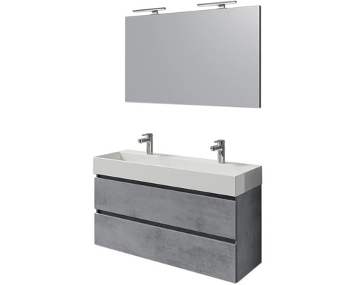 Set meubles SDB 4 pces Pelipal Torino lxhxp 121 x 200 x 40 cm couleur de façade oxyde gris foncé avec vasque céramique blanche et vasque double céramique meuble sous vasque miroir avec éclairage LED SET-125-048 Ensemble de meubles-lavabo avec miroir et deux tiroirs