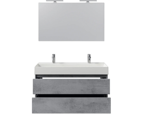 Waschtisch mit zwei Becken, Unterschrank und Spiegel für das Badezimmer