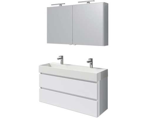 Badmöbelset 5-teilig und mehr Pelipal Torino BxHxT 121 x 200 x 40 cm Frontfarbe weiß hochglanz mit Waschtisch Keramik weiß und Keramik-Doppelwaschtisch Waschtischunterschrank Spiegelschrank mit LED-Beleuchtung SET-125-049 Waschtisch mit zwei Schubladen, Waschbecken und Spiegelschrank mit Beleuchtung für Badezimmer