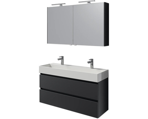 Set de meubles de salle de bains Pelipal Torino lxhxp 200 x 40 x 40 cm couleur de façade noir mat set de meubles 5 pièces avec vasque en céramique blanc et double vasque en céramique meuble sous vasque armoire de toilette éclairage LED