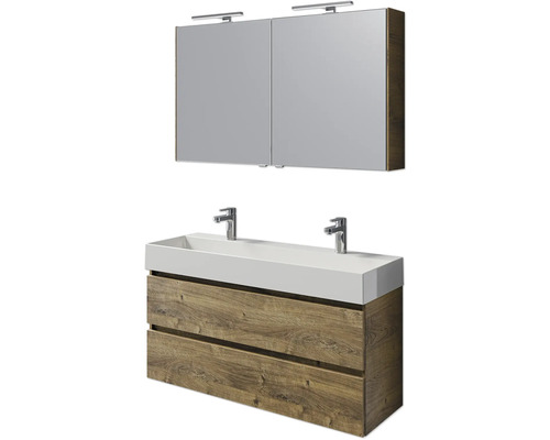 Set de meubles de salle de bains Pelipal Torino lxhxp 200 x 40 x 40 cm couleur de façade chêne ribbeck set de meubles 5 pièces avec vasque en céramique blanc et double vasque en céramique meuble sous vasque armoire de toilette éclairage LED