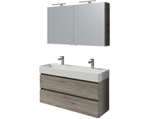 Set de meubles de salle de bains Pelipal Torino lxhxp 200 x 40 x 40 cm couleur de façade chêne sanremo set de meubles 5 pièces avec vasque en céramique blanc et double vasque en céramique meuble sous vasque armoire de toilette éclairage LED