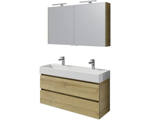 Set de meubles de salle de bains Pelipal Torino lxhxp 200 x 40 x 40 cm couleur de façade chêne riviera set de meubles 5 pièces avec vasque en céramique blanc et double vasque en céramique meuble sous vasque armoire de toilette éclairage LED