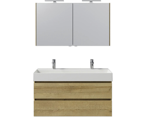 Waschtisch mit Unterschrank, Spiegelschrank und zwei Armaturen