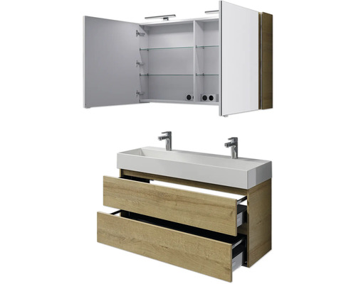 Waschtischkombination mit Spiegelschrank, Waschtisch, zwei Armaturen und zwei Schubladen