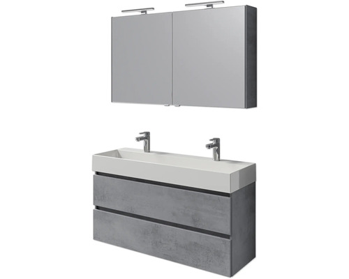 Set meubles SDB 5 pces Pelipal Torino lxhxp 121 x 200 x 40 cm couleur de façade oxyde gris foncé avec vasque céramique blanche et vasque double céramique meuble sous vasque armoire de toilette avec éclairage LED SET-125-054 Ensemble de meubles de salle de bains avec meuble sous-lavabo, lavabo et armoire de toilette