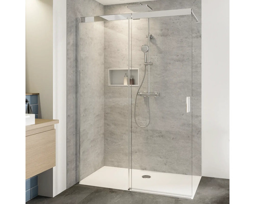 Douche à l'italienne avec porte coulissante BREUER Panorama 120 cm couleur du profilé chrome décor de vitre verre transparent butée de paroi latérale à gauche