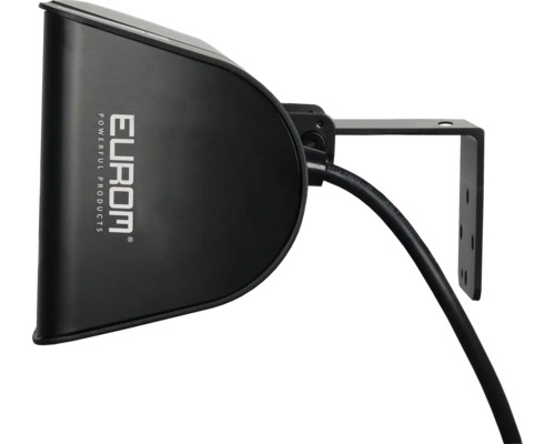 Eurom Logo an einem schwarzen Heizstrahler mit Halterung