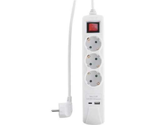 Steckdosenleiste mit drei Schutzkontaktsteckdosen und zwei USB Anschlüssen