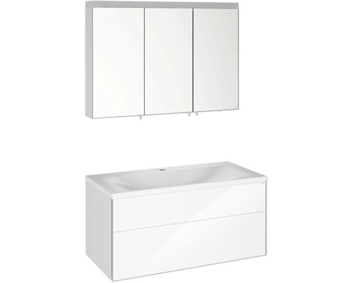 Ensemble de meubles de salle de bains KEUCO Royal Reflex lxhxp 100 x 48 x 49 cm couleur façade blanc haute brillance 3 pièces avec vasque fonte minérale blanc et armoire de toilette avec éclairage LED meuble sous-vasque 39604212100