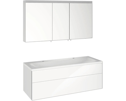Badmöbel-Set KEUCO Royal Reflex BxHxT 130 x 48 x 49 cm Frontfarbe weiß hochglanz Badmöbelset 3-teilig mit Waschtisch Mineralguss weiß und Spiegelschrank mit LED-Beleuchtung Waschtischunterschrank 39605212200 Badezimmerensemble mit Waschtischunterschrank und Spiegelschrank