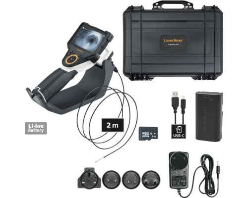 Laserliner VideoFlex HD Inspektionskamera mit zwei Meter Kabel, Schutzkoffer, Speicherkarte, USB Kabel, Netzteil und Akku