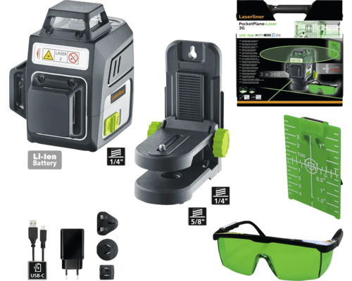 Laserliner PocketPlane-Laser 3G Set mit Laser, Halterung, Messlatte, Schutzbrille, Akku und Ladegerät