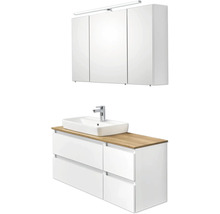 Badezimmerensemble mit Spiegelschrank, Waschtisch, Aufsatzwaschbecken und Armatur